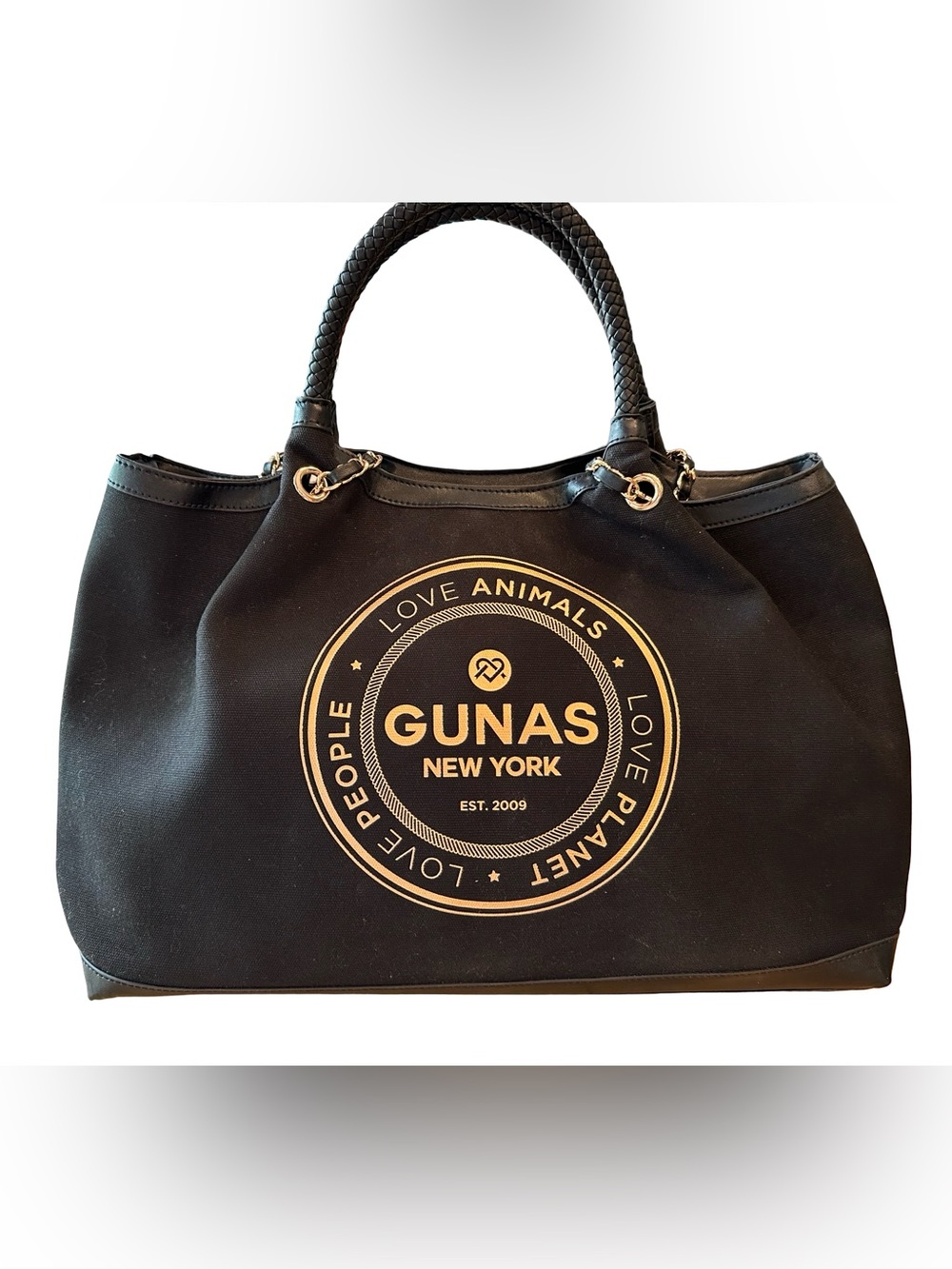 NWOT Gunas New York “Ruth” Double Handle Black Vegan Canvas Tote - Picture 5 of 9